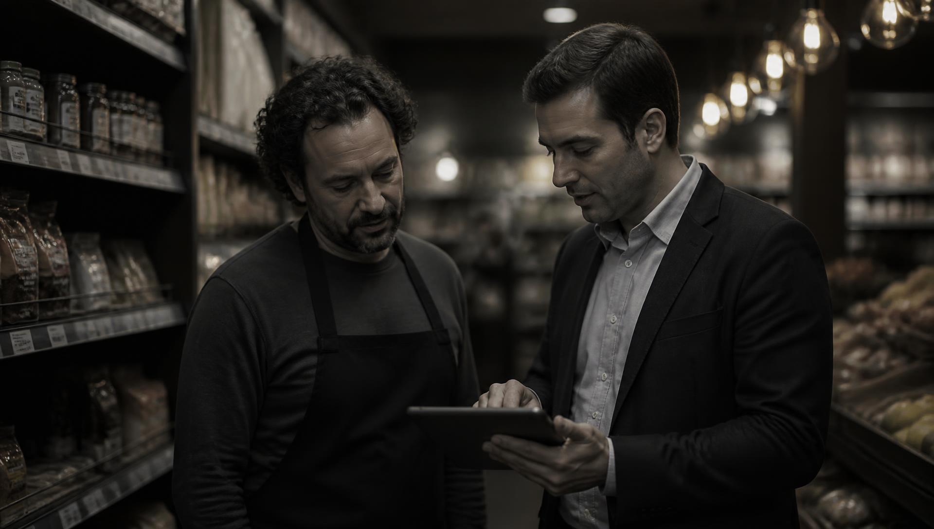 Contador conversando com o dono de um mini mercado sobre relatórios